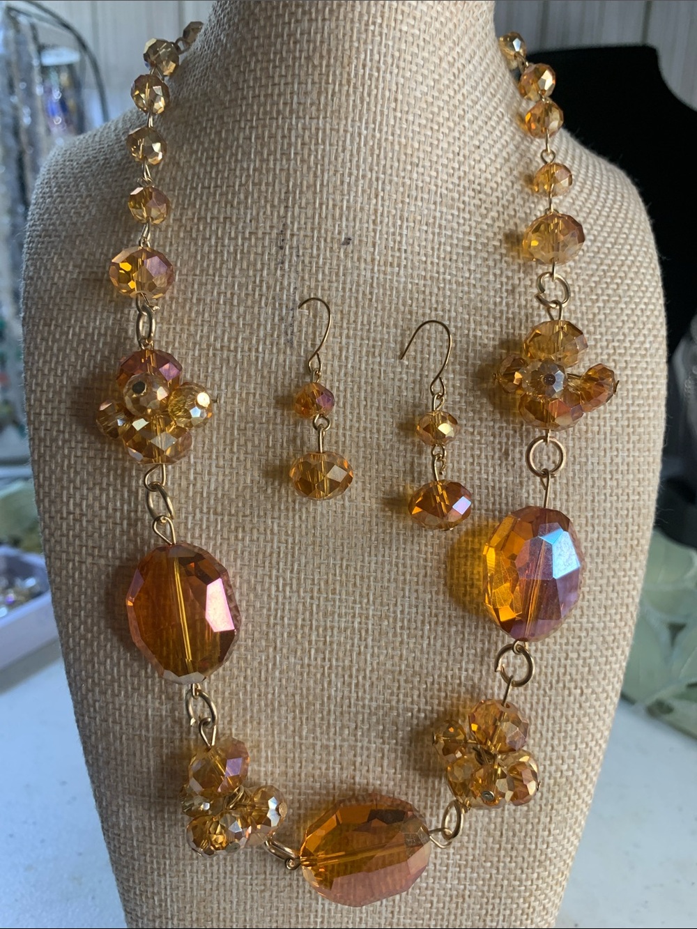 Beautiful Faceted Amber Glass Bead Necklace and Earrings - Gold-Tone Accents